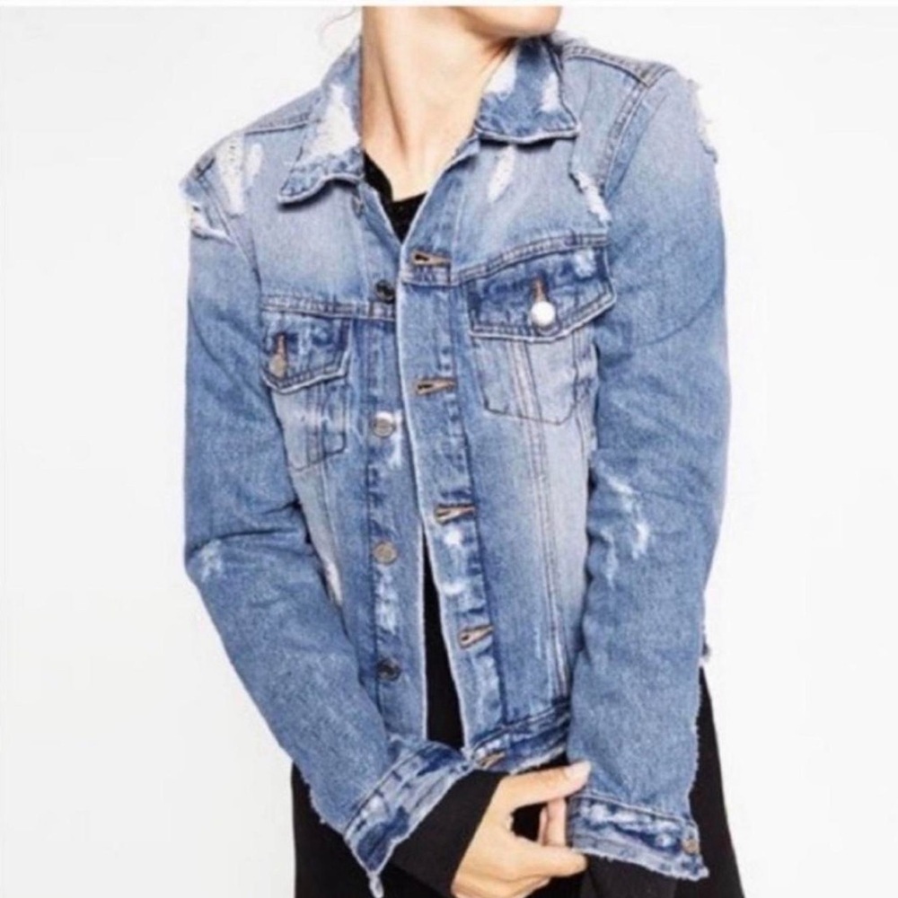 Zara Light Blue Distressed Denim Jean Jacket